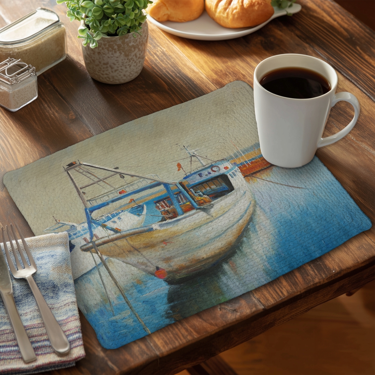 Picture of Begin Home Decor C6BP1418OICQRN 14 x 18 in. Fishing Boat Braided Polyester Placemat - Home Decor Accent - Set of 6
