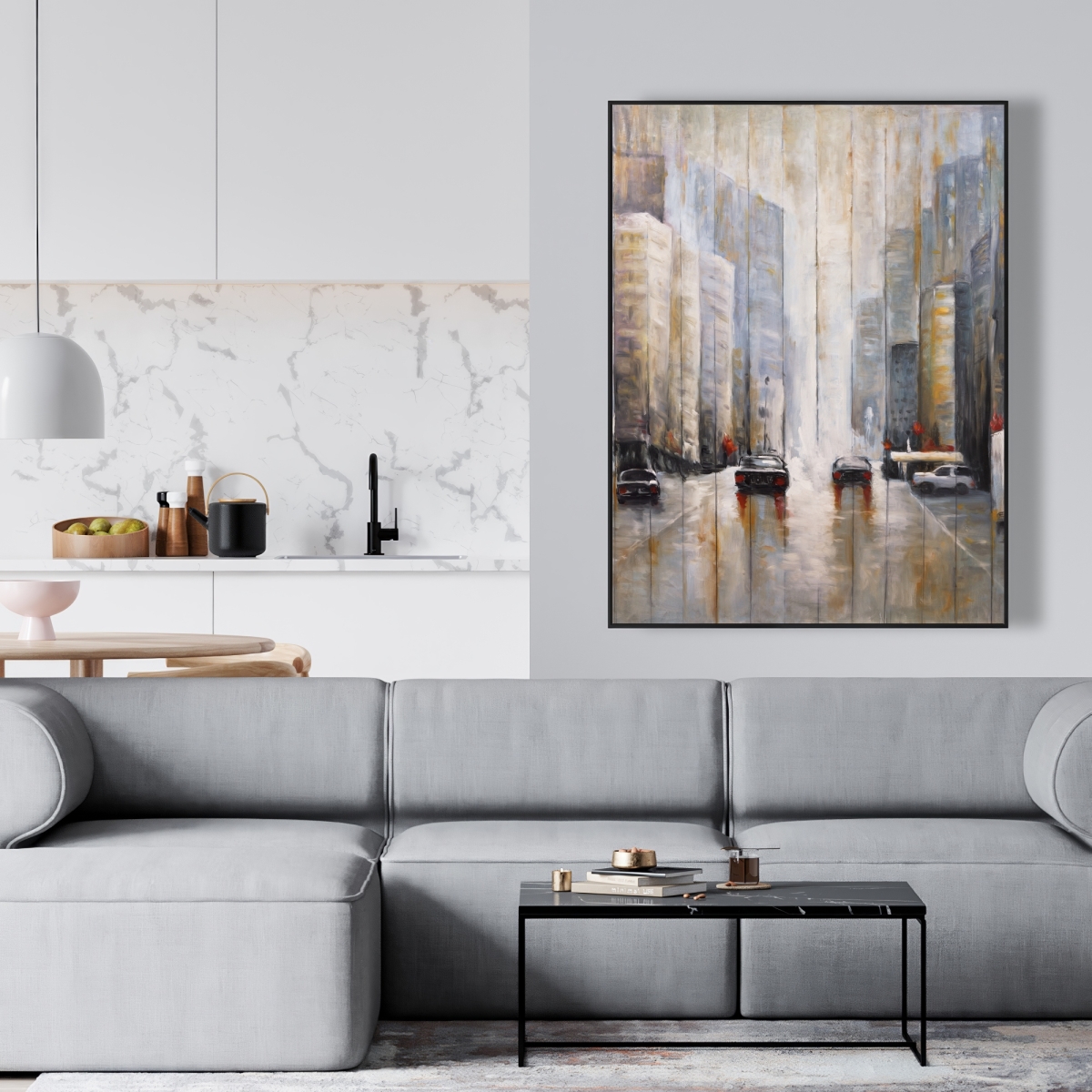 C1FC36485GFCCE 36 x 48 in. Cars in the Morning Rain - Modern Livingroom Framed Canvas