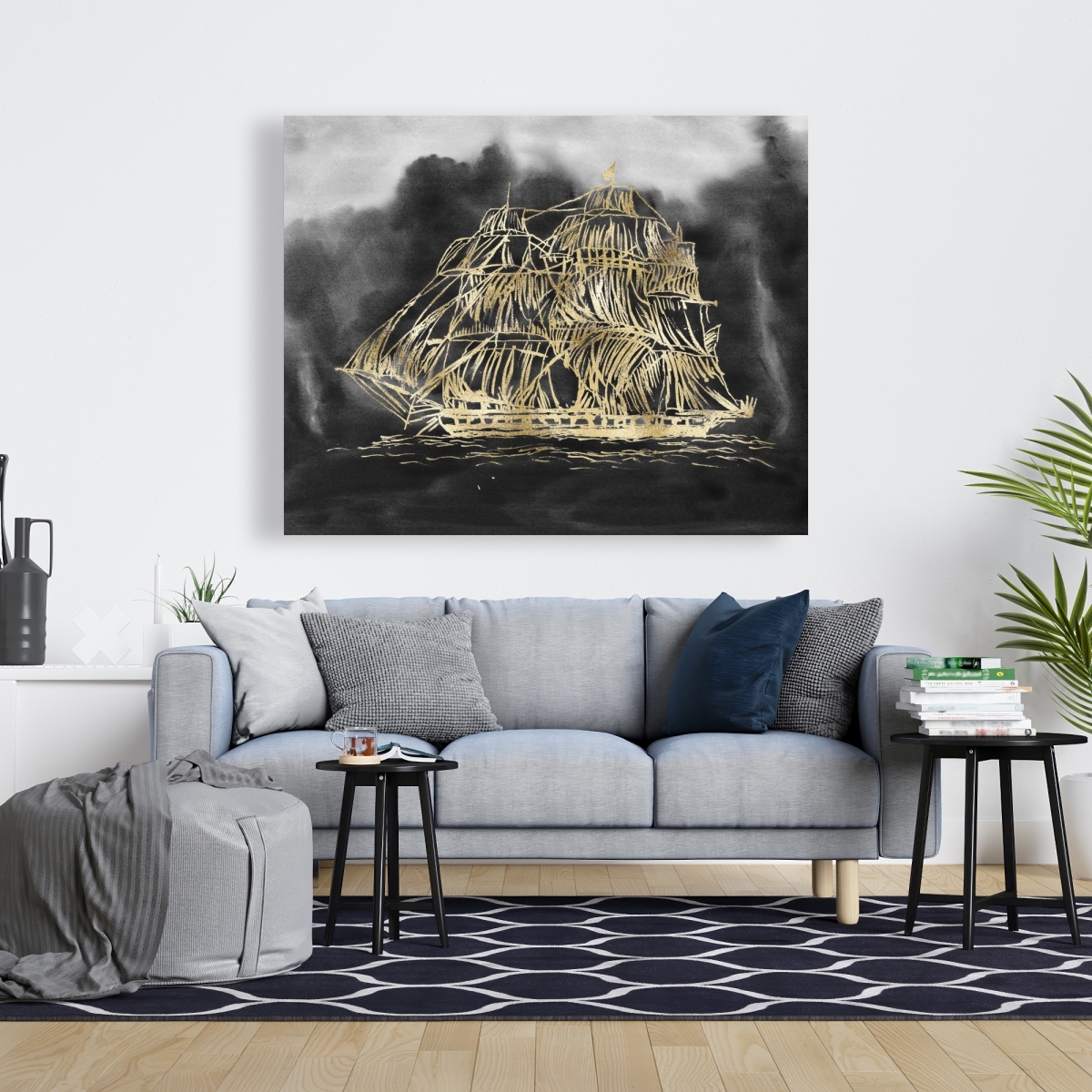 C1RC4860825PE5 48 x 60 in. Old Sailing Ship Illustration - Coastal Black Canvas Art