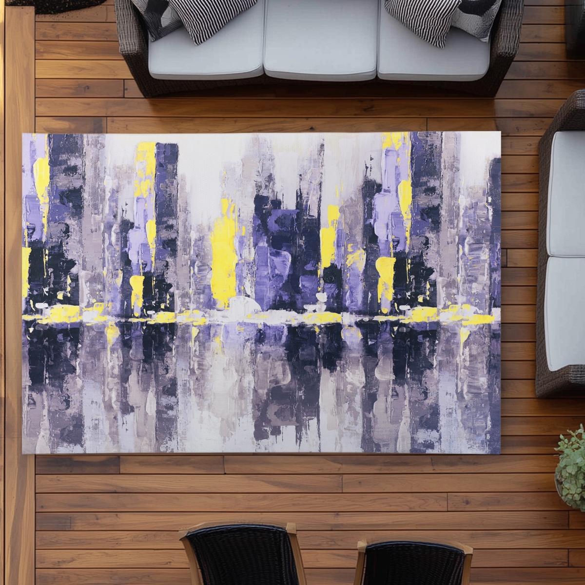 C1ROAR57RYF7WC 5 x 7 ft. Abstract Purple City - Bedroom Building Outdoor Area Rug - Rectangle