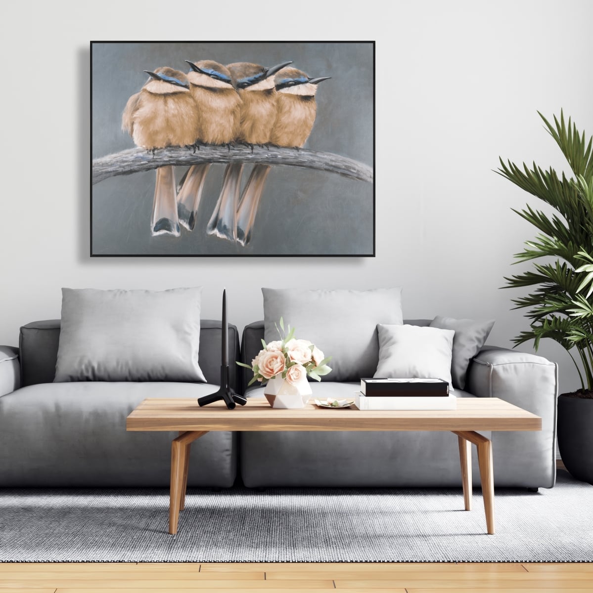 C1FC36485FD39U 36 x 48 in. Four Birds on a Branch - Beige Bird Framed Canvas Decor