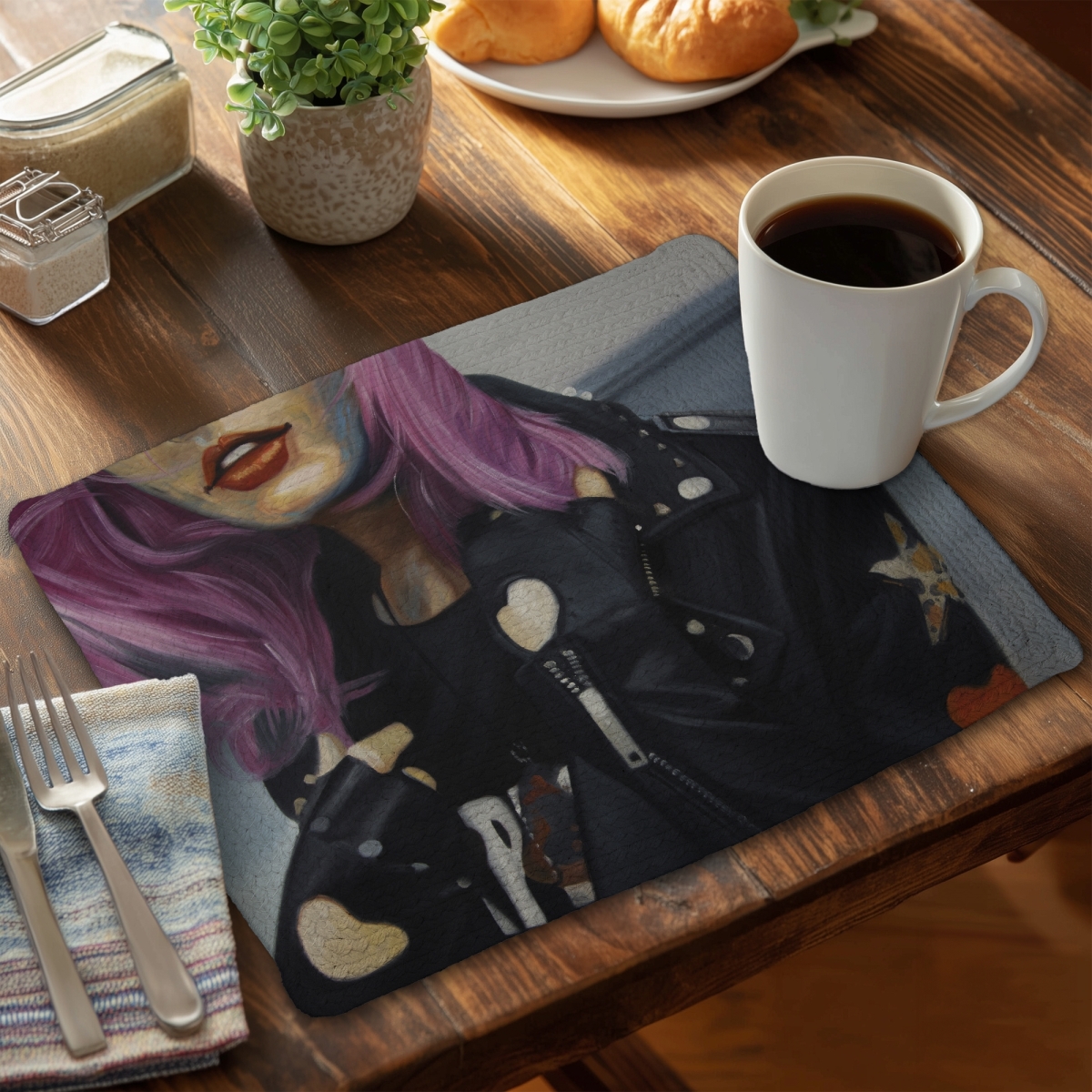 Picture of Begin Home Decor C6BP1418ZP9WJT 14 x 18 in. Young Punk Woman Braided Polyester Placemat - Home Decor - Set of 6