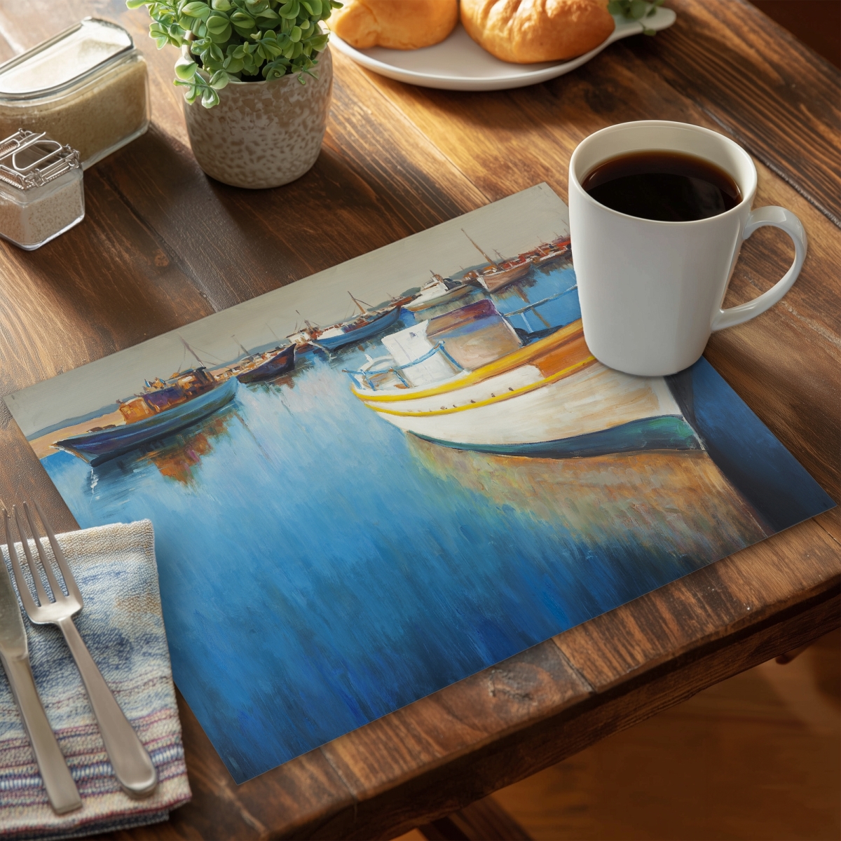 Picture of Begin Home Decor C4PP1418OBKS3W 14 x 18 in. Fishing Boats At the Marina Polyester Placemat - Home Decor - Set of 4