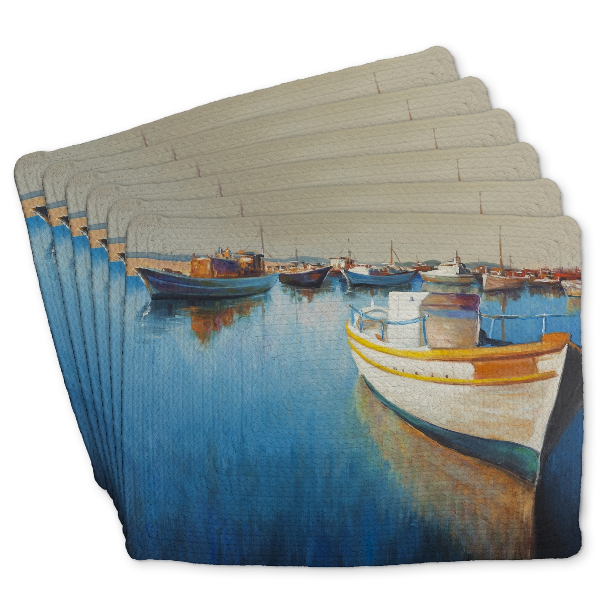 Picture of Begin Home Decor C6BP1418VJLWR8 14 x 18 in. Fishing Boats At the Marina Braided Polyester Placemat - Home Decor - Set of 6