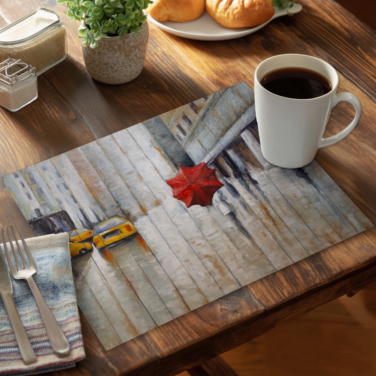 Picture of Begin Home Decor C4PP14183EFSNN 14 x 18 in. Red Umbrella in the Street Polyester Placemat - Home Decor - Set of 4