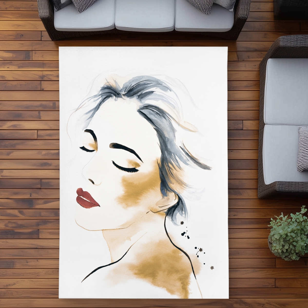 C1ROAR57US0PMY 5 x 7 ft. Right Side Watercolor Lady Portrait - Office Beige Outdoor Rug - Rectangle