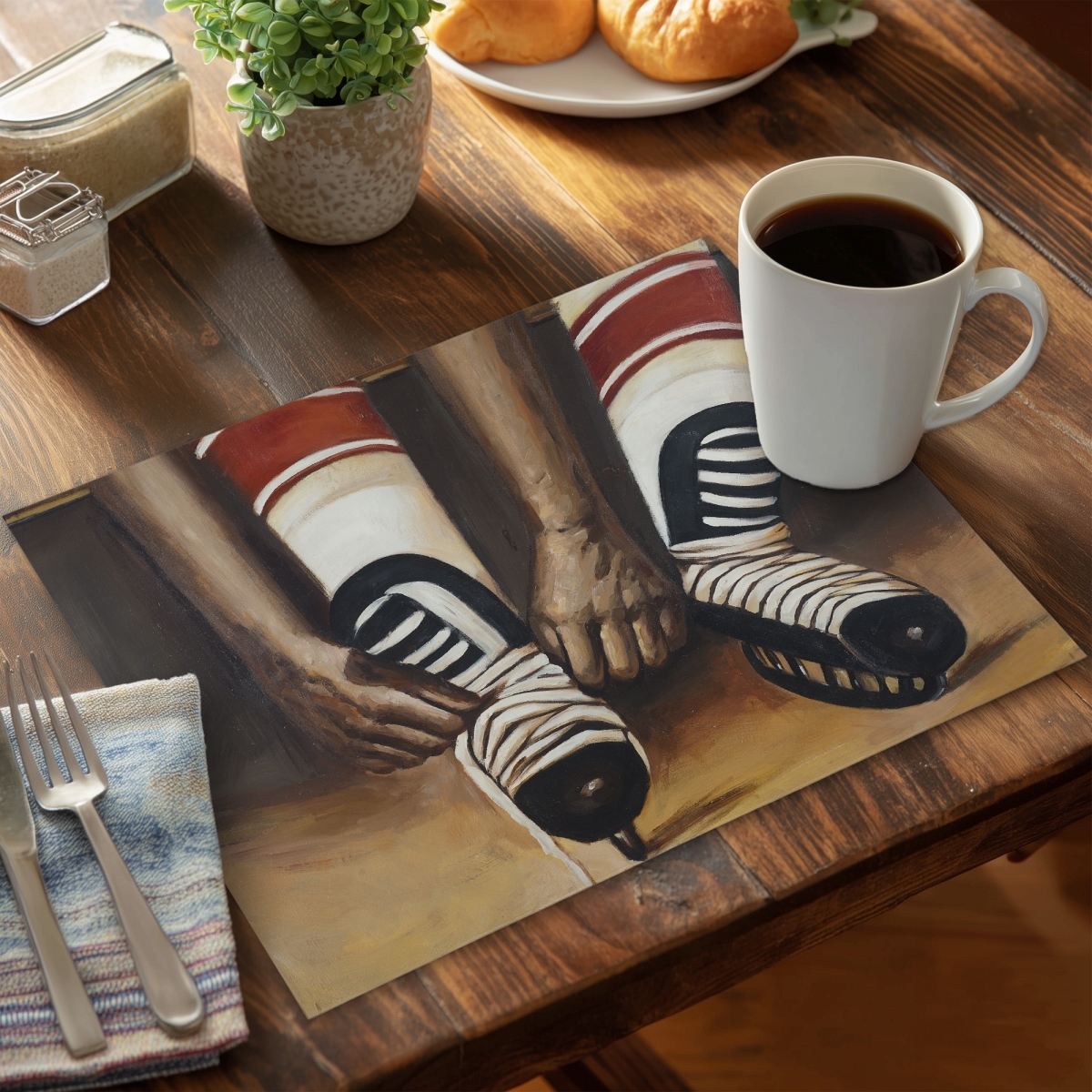 Picture of Begin Home Decor C4PP1418LM2RKS 14 x 18 in. Hockey Player Ties His Skates - Polyester Placemat for Decor - Set of 4