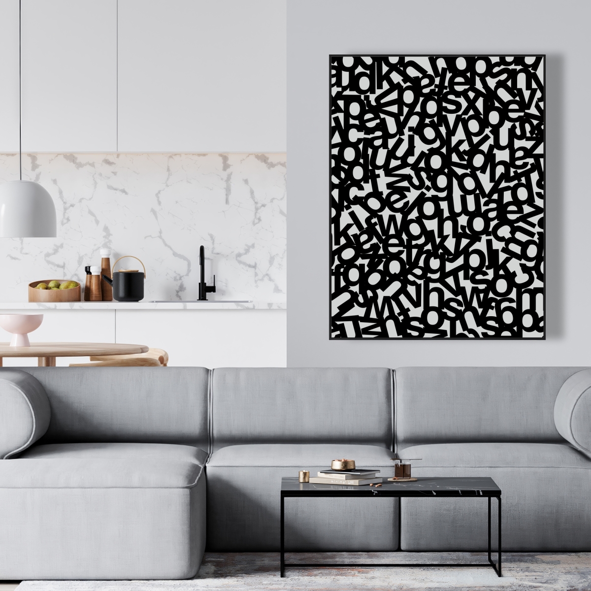 C1FC36483OATKL 36 x 48 in. Alphabet Monochrome Framed Canvas - Unique Home Decor