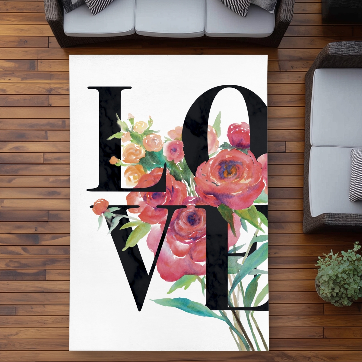 C1ROAR57VXFW00 5 x 7 ft. Love Black - Flowers American Outdoor Area Rug for Home Decor - Rectangle