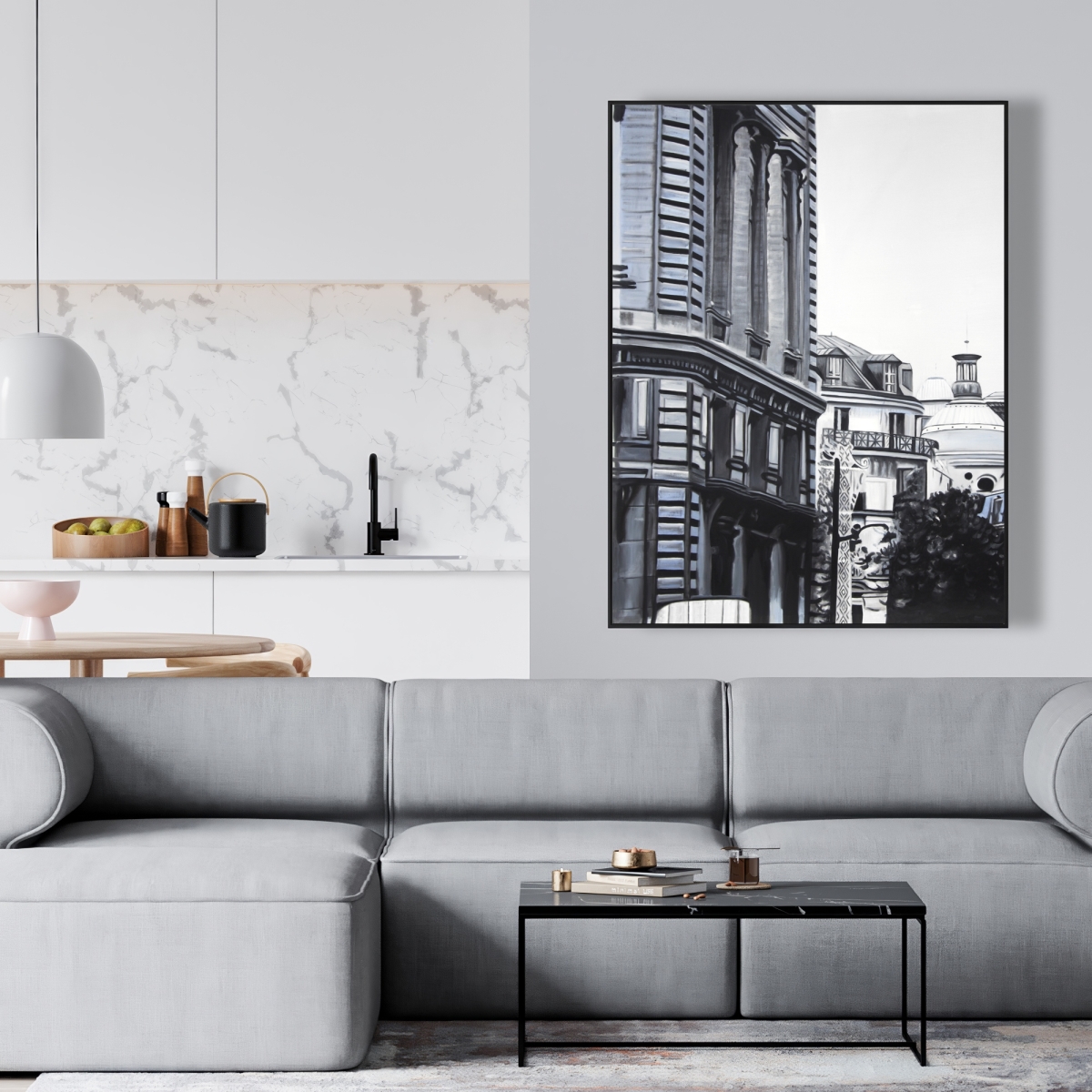 C1FC364887ZLU9 36 x 48 in. Historic Downtown - Blue Building Framed Canvas Home Decor