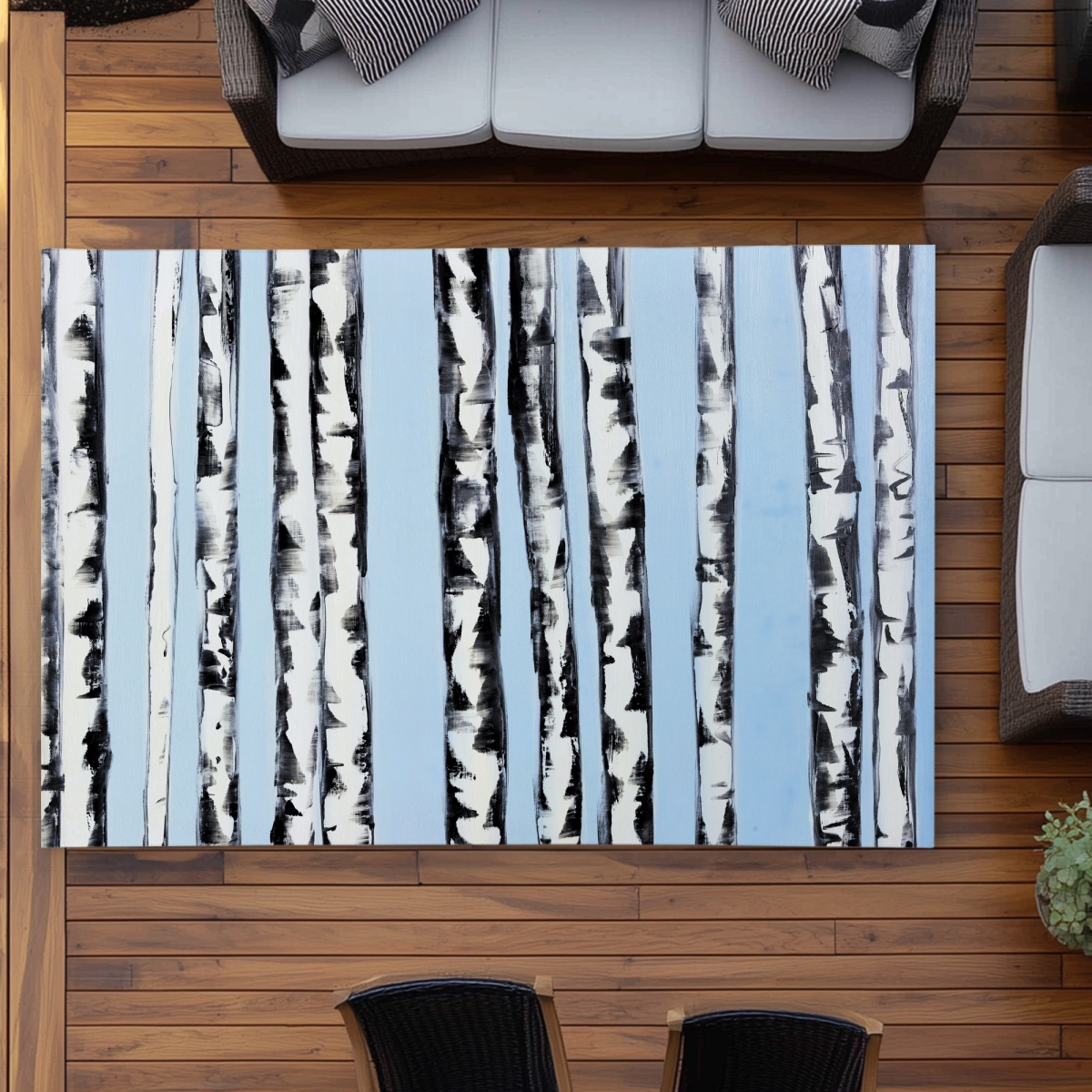 C1ROAR57T9Q7E0 5 x 7 ft. Birches on a Blue Background - White Landscapes Outdoor Rug - Rectangle