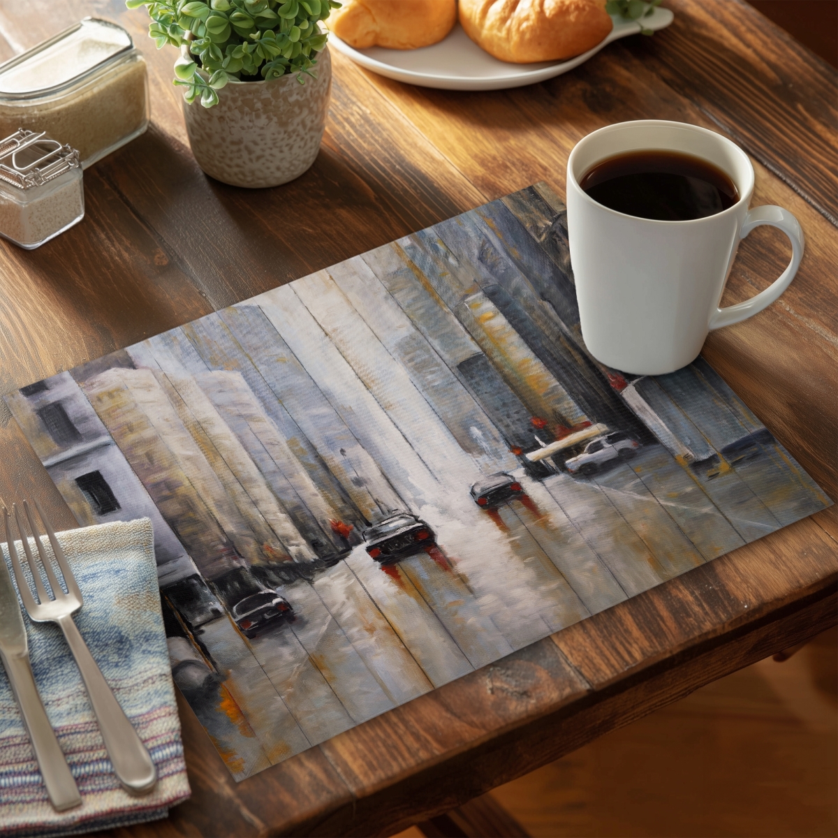 Picture of Begin Home Decor C6PP1418G2YJCM 14 x 18 in. Cars in the Morning Rain - Polyester Placemat for Home Decor - Set of 6