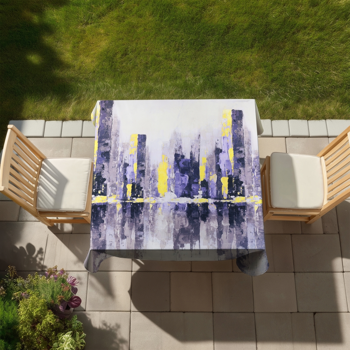 Picture of Begin Home Decor C1TC58588MLFNE 58 x 58 in. Abstract Purple City Tablecloth - Contemporary Home Decor