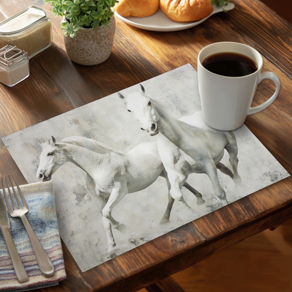 Picture of Begin Home Decor C4PP14181HA6SV 14 x 18 in. Two White Horse Running Polyester Placemat - Home Decor - Set of 4