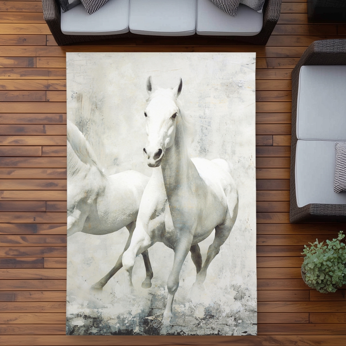 C1ROAR57L9A2QI 5 x 7 ft. Two White Horse Running Gray Western Outdoor Area Rug - Home Decor - Rectangle