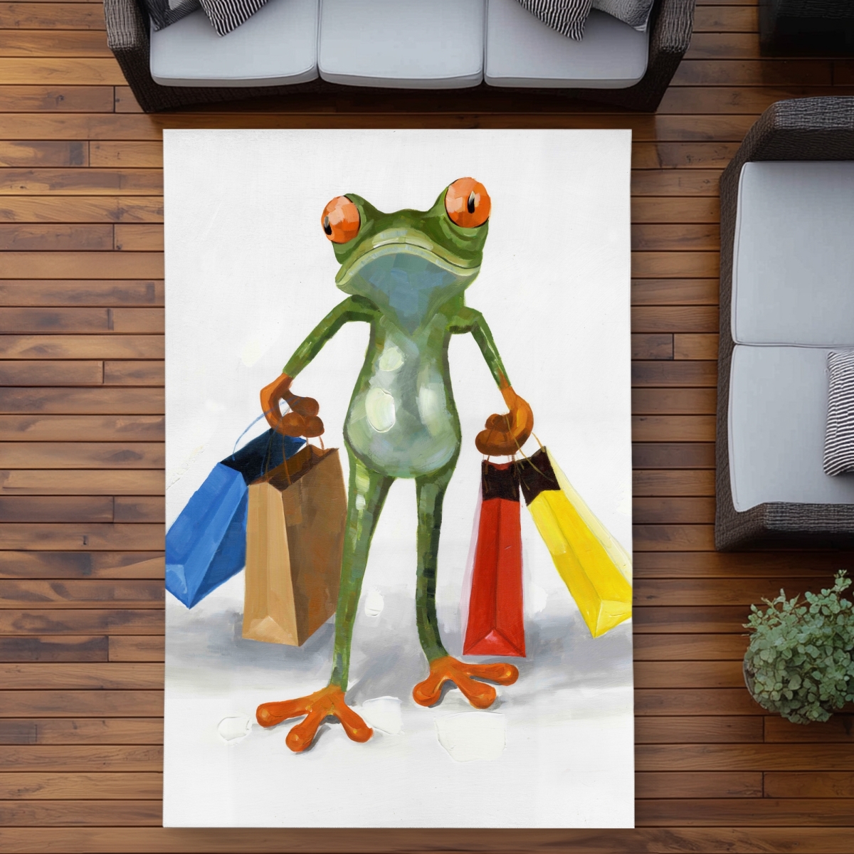 C1ROAR57ANVDLQ 5 x 7 ft. Funny Frog with Shopping Bags - Outdoor Area Rug for Kids - Rectangle