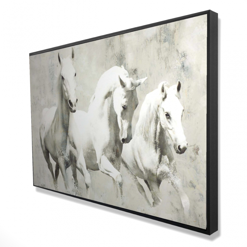2081-2436-AN7 24 x 36 in. Three White Horses Running - Gray Office Framed Canvas Art