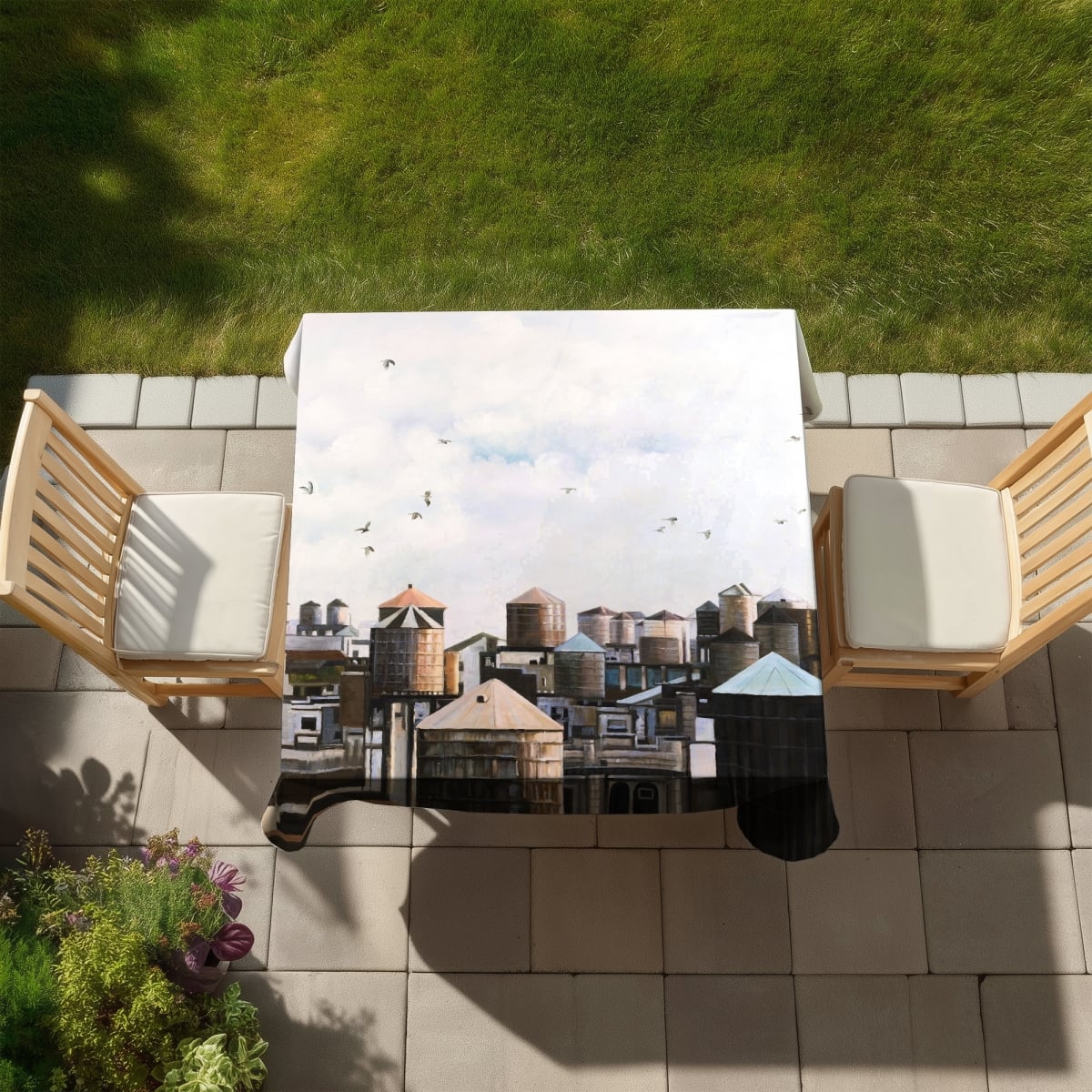 Picture of Begin Home Decor C1TC5858YDM2QZ 58 x 58 in. Water Towers with Birds Tablecloth - Contemporary Home Decor