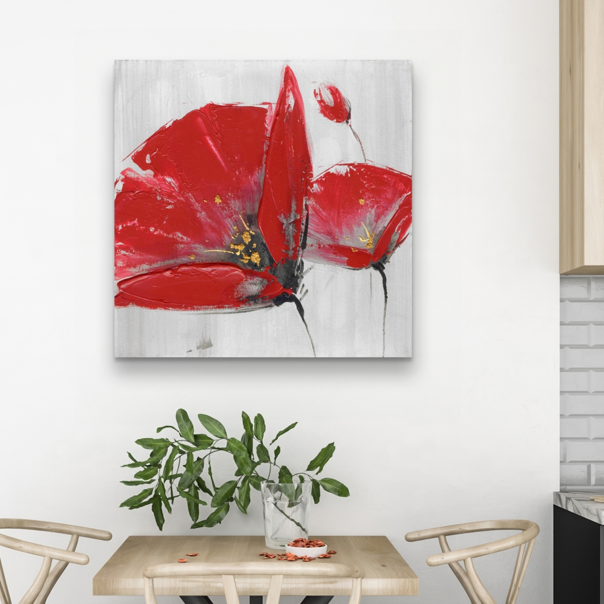 C1RC3232AYPTF1 32 x 32 in. Three Red Flowers on Gray Background - Office Botanical Canvas