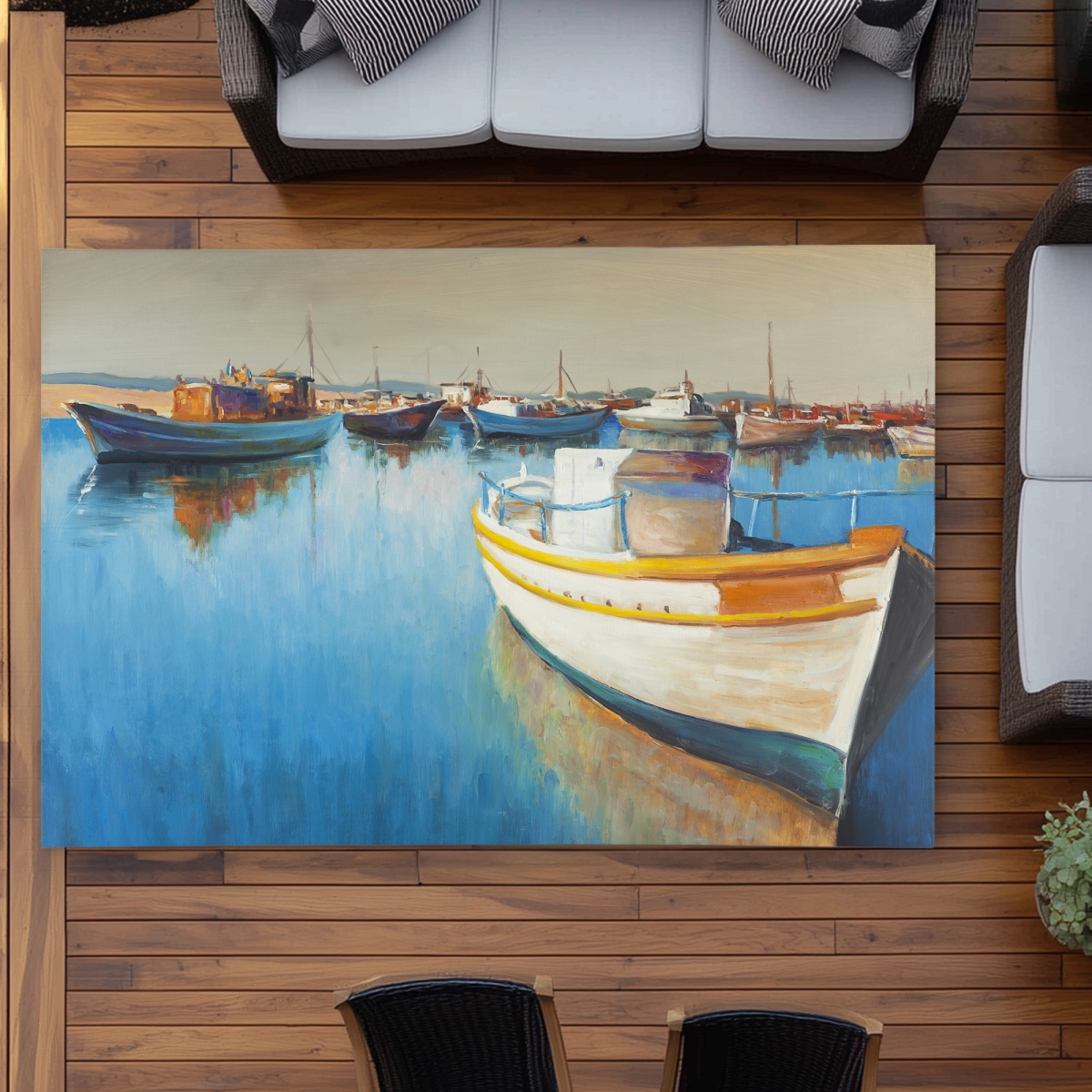 C1ROAR57TNBHZ0 5 x 7 ft. Fishing Boats At the Marina Outdoor Area Rug - Home Decor - Rectangle