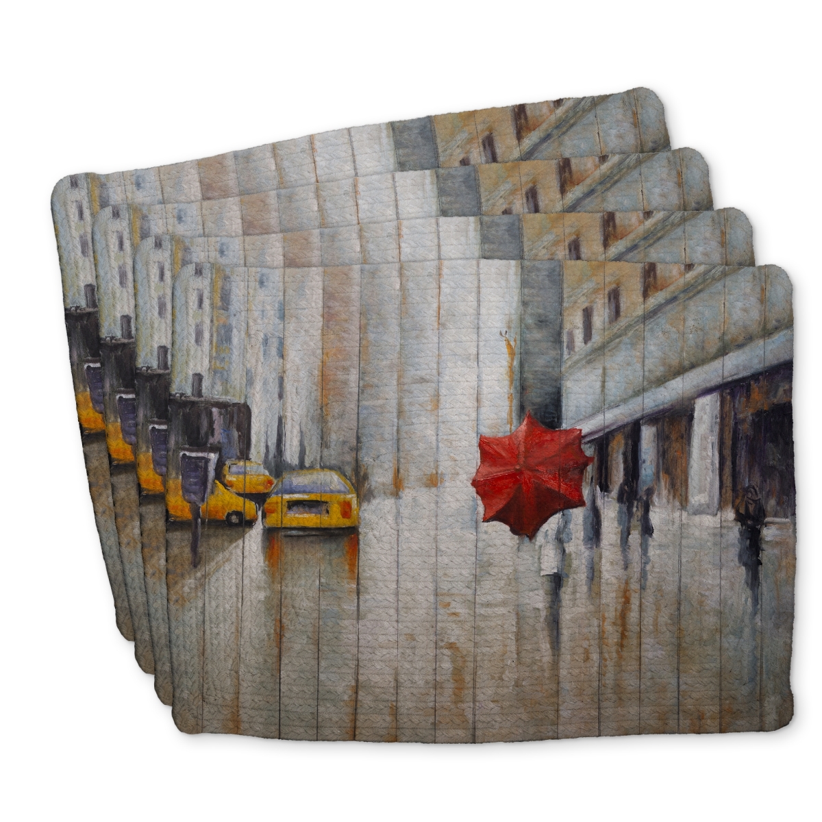 Picture of Begin Home Decor C4BP141894UJPM 14 x 18 in. Red Umbrella in the Street - Braided Polyester Placemat - Set of 4