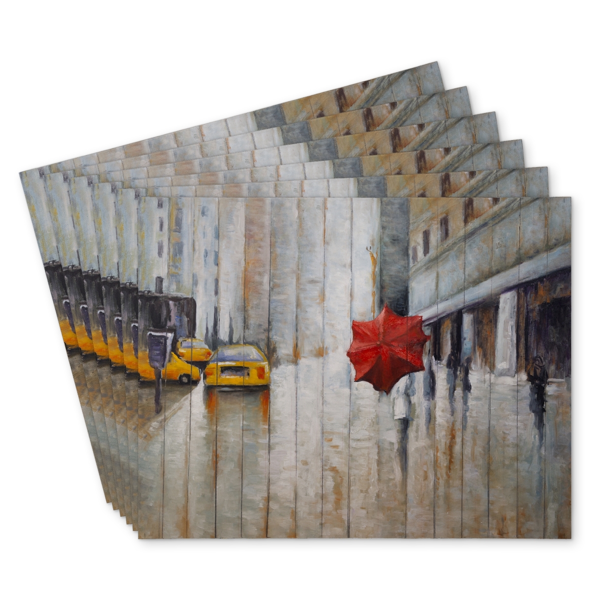 Picture of Begin Home Decor C6PP1418K0RBVR 14 x 18 in. Red Umbrella in the Street Polyester Placemat - Home Decor - Set of 6