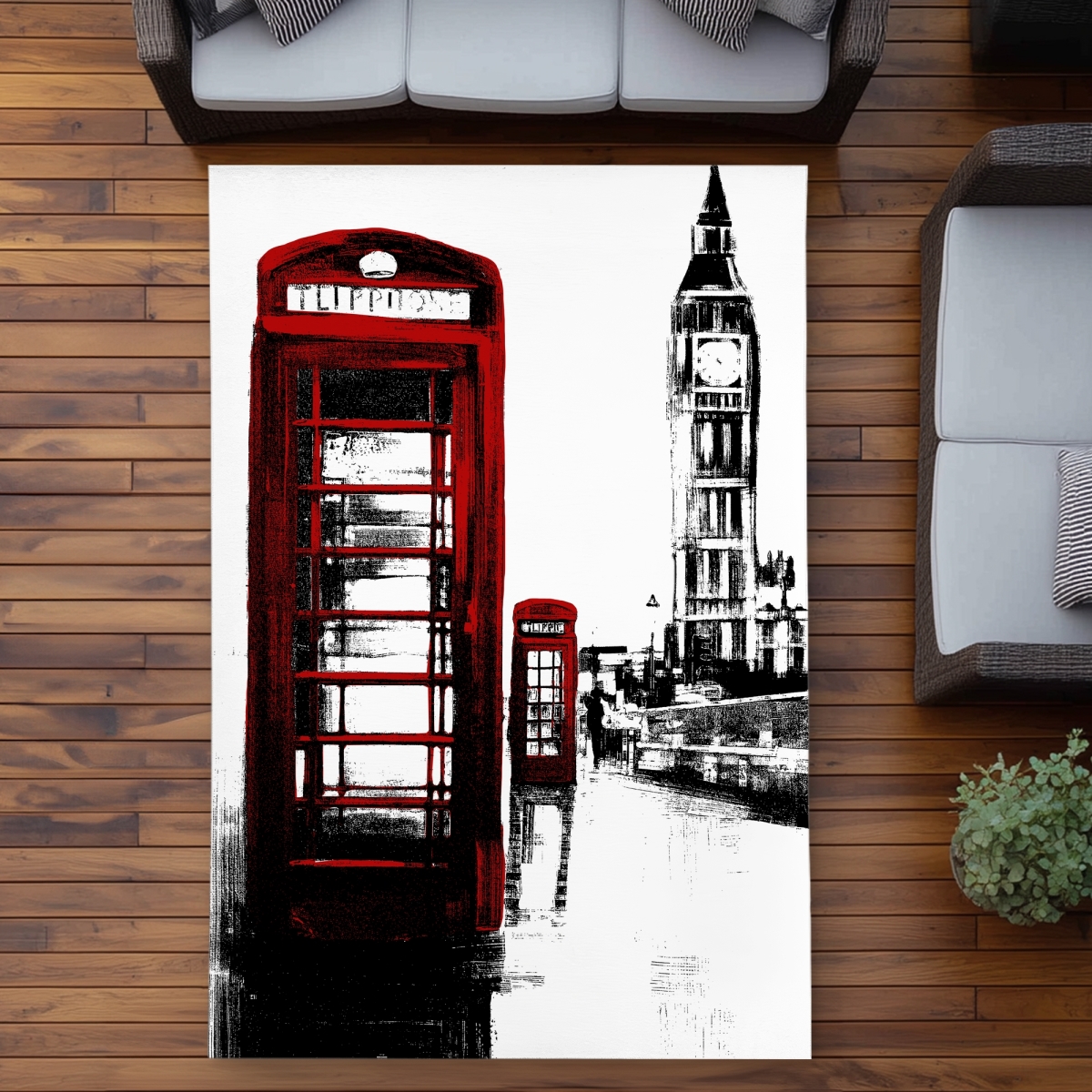 C1ROAR57321M48 5 x 7 ft. Telephone Box & Big Ben Outdoor Rug - London Home Decor - Rectangle