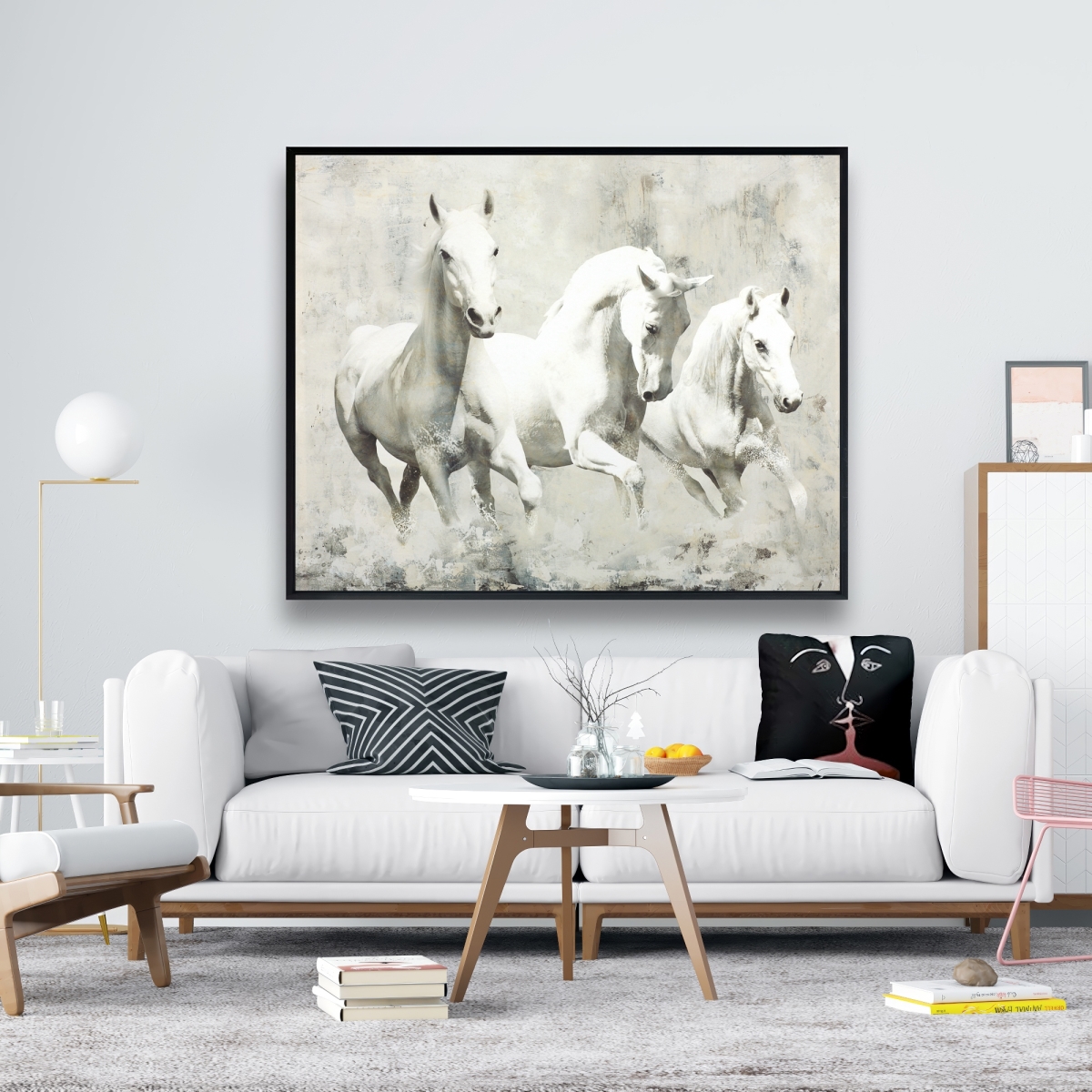 C1FC4860D63YAP 48 x 60 in. Three White Horses Running - Framed Canvas Home Decor
