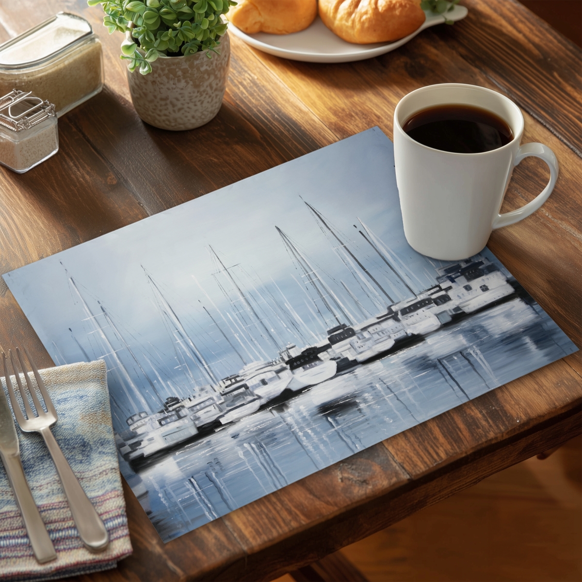 Picture of Begin Home Decor C4PP1418U472K8 14 x 18 in. Boats At the Dock 2 - Polyester Placemat for Home Decor - Set of 4