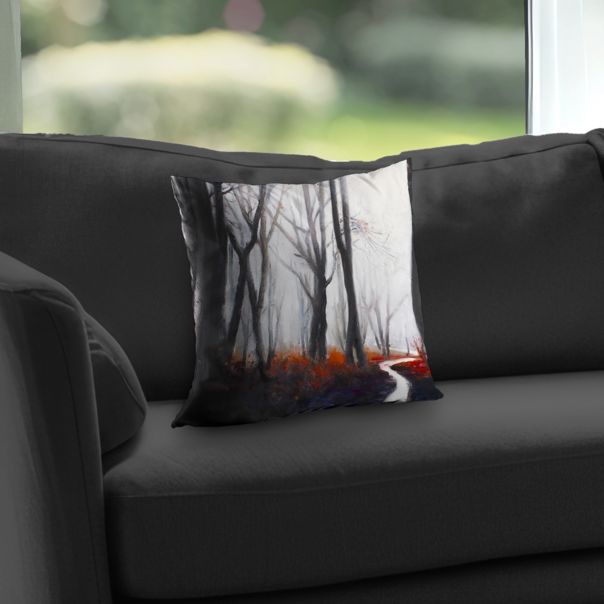 C1PC1414CFJG4Z 14 x 14 in. Mysterious Forest with Stream - Black Poly Twill Throw - Decor
