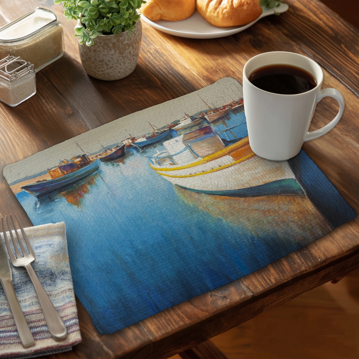 Picture of Begin Home Decor C4BP1418RXKBSM 14 x 18 in. Fishing Boats At the Marina - Braided Polyester Placemat - Set of 4