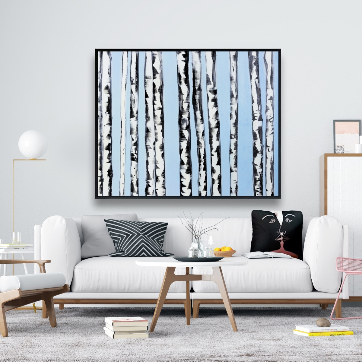 C1FC4860GT43YI 48 x 60 in. Birches on a Blue Background - Modern Black Framed Canvas Decor