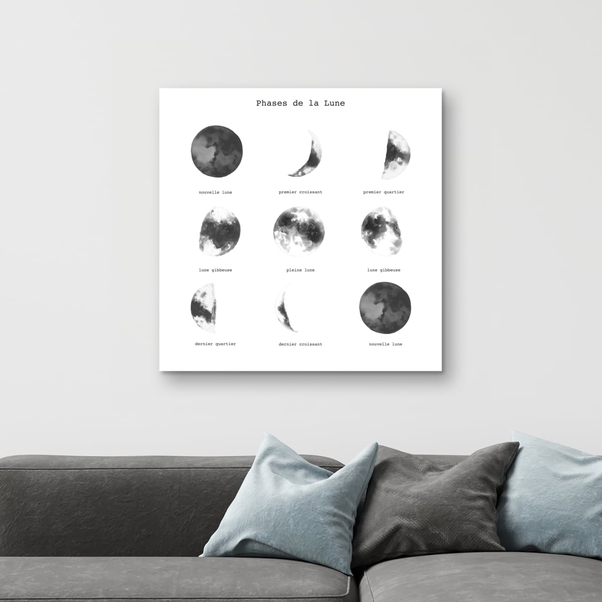 C1RC32324FBD00 32 x 32 in. Phases of the Moon - Monochrome Canvas for Home Decor