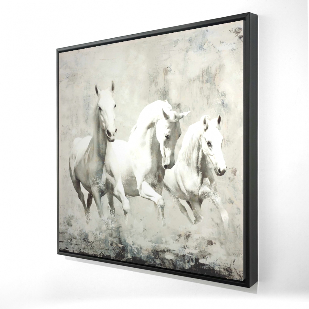 2081-3636-AN7 36 x 36 in. Three White Horses Running - Framed Canvas for Bedroom Decor