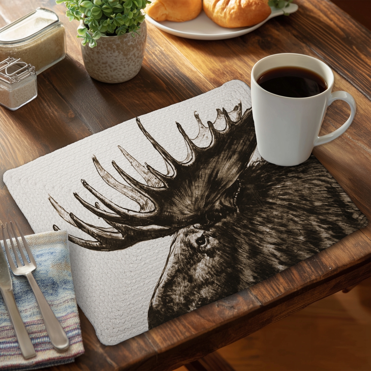 Picture of Begin Home Decor C6BP1418MNS9MW 14 x 18 in. Moose Plume Sepia - Braided Polyester Placemat for Decor - Set of 6