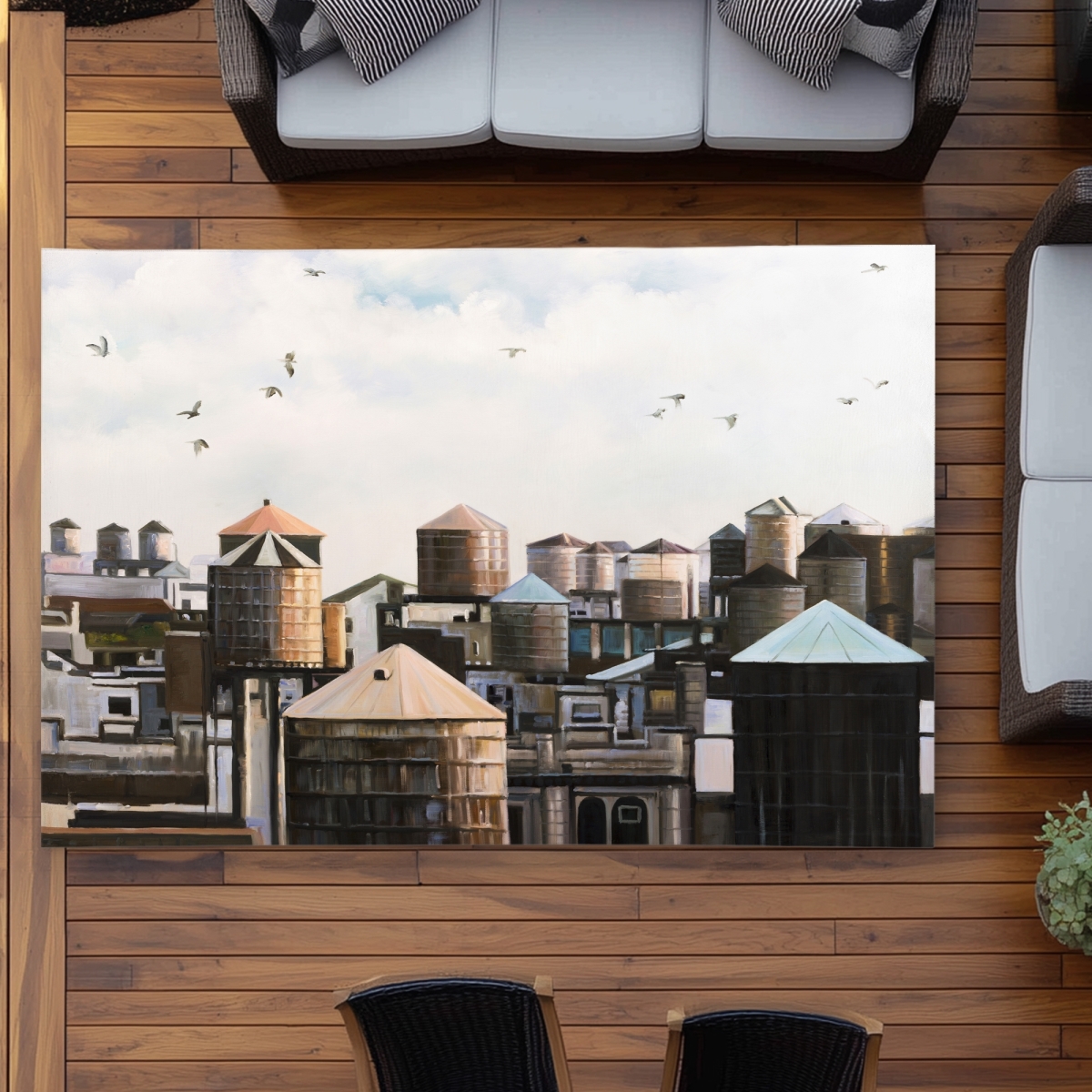 C1ROAR57RJ73DX 5 x 7 ft. Water Towers with Birds - Building Beige Outdoor Area Rug - Rectangle