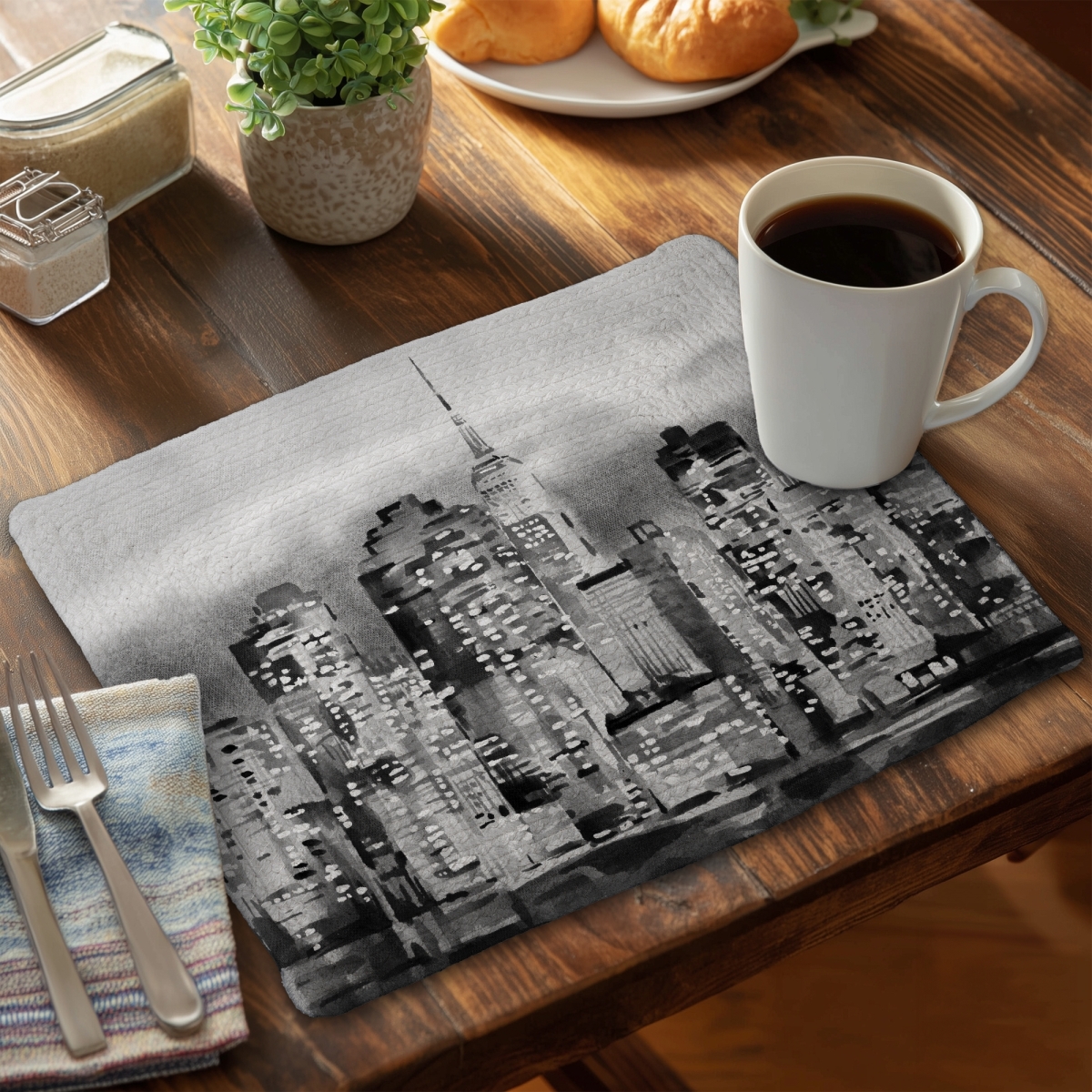 Picture of Begin Home Decor C6BP1418Q8TZWN 14 x 18 in. Buildings in a Watercolor Cityscape - Braided Polyester Placemat - Set of 6
