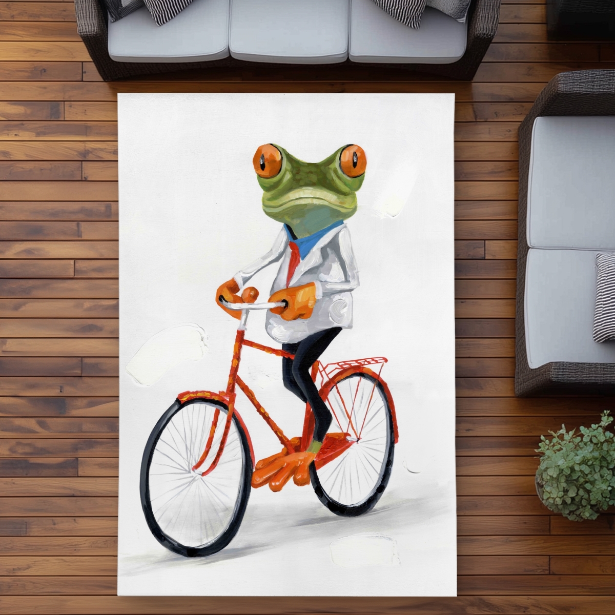 C1ROAR57BEX351 5 x 7 ft. Funny Frog Riding a Bike Rug - Scenic White Outdoor Decor - Rectangle