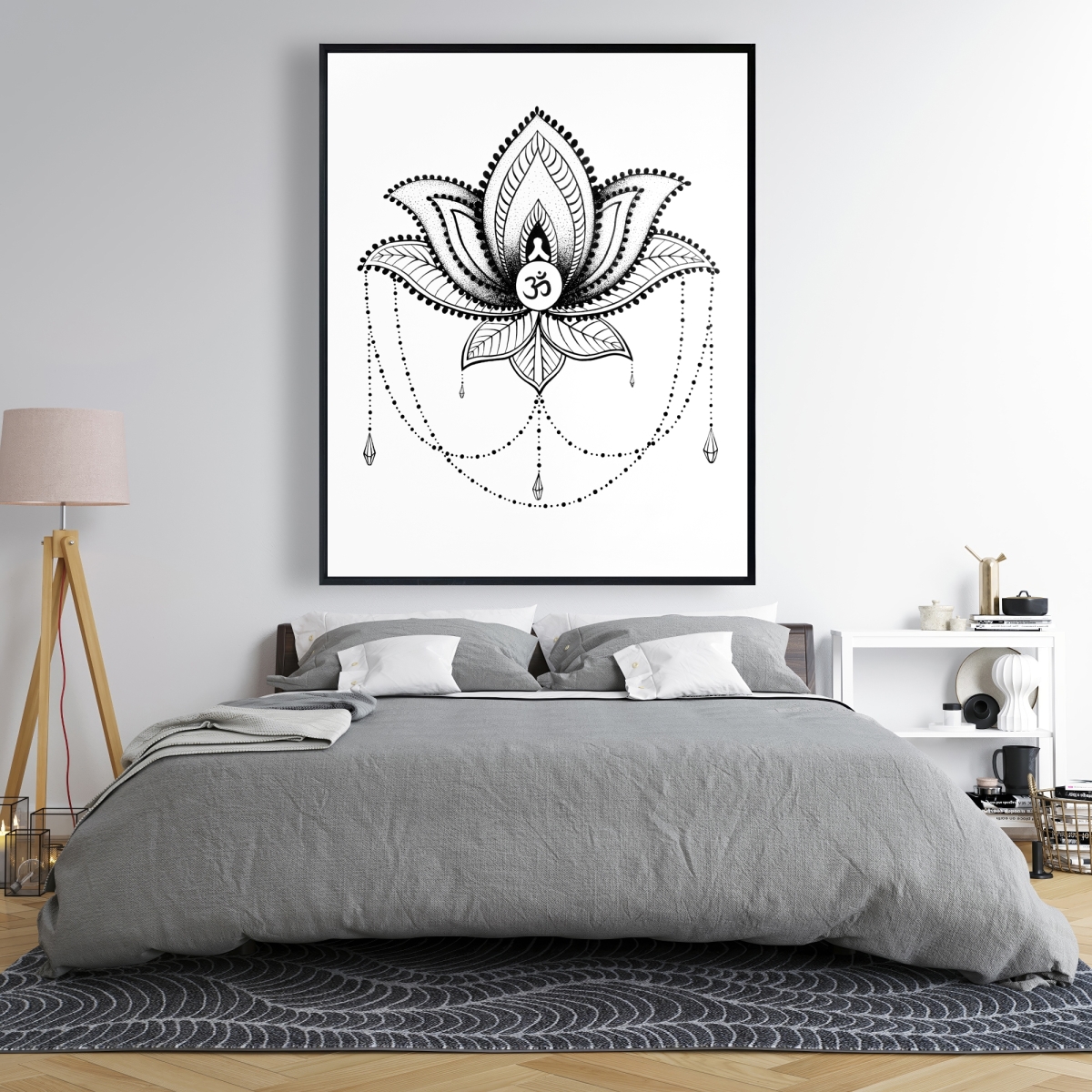 C1FC486089E9ZH 48 x 60 in. Ethnic Lotus Ornament - Black & White Framed Canvas Decor