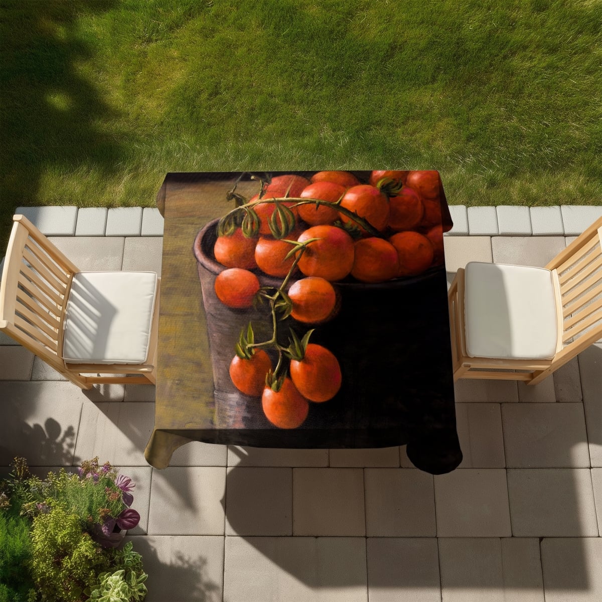 Picture of Begin Home Decor C1TC5858VPOECA 58 x 58 in. Bucket of Cherry Tomatoes - Black Gastronomy Tablecloth - Decor
