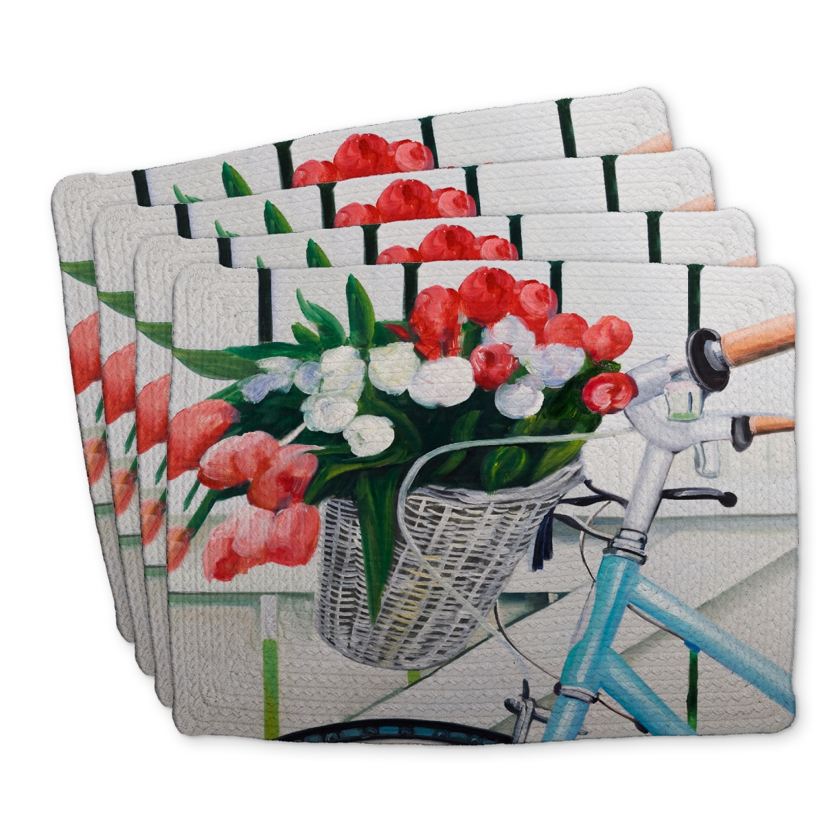 Picture of Begin Home Decor C4BP1418H71KFJ 14 x 18 in. Bicycle with Tulips Basket - Braided Polyester Placemat - Set of 4