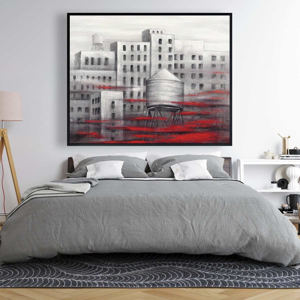 C1FC4860TTZ56F 48 x 60 in. Gray City with Red Clouds - Red Building Framed Canvas Decor