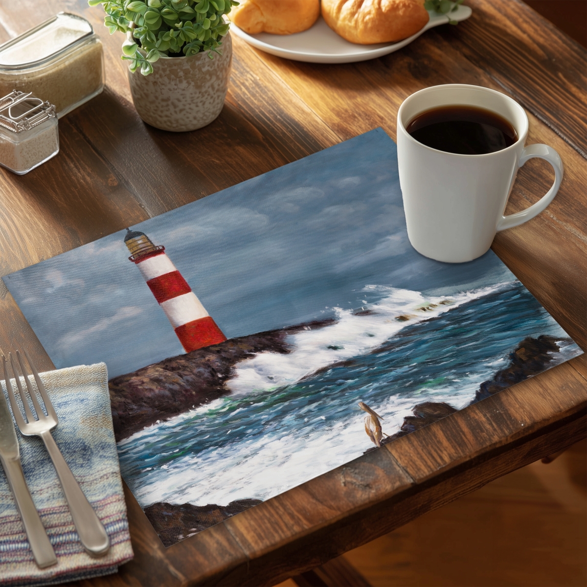 Picture of Begin Home Decor C4PP1418YONKJV 14 x 18 in. Lighthouse At the Edge of the Sea Unleashed Polyester Placemat - Set of 4