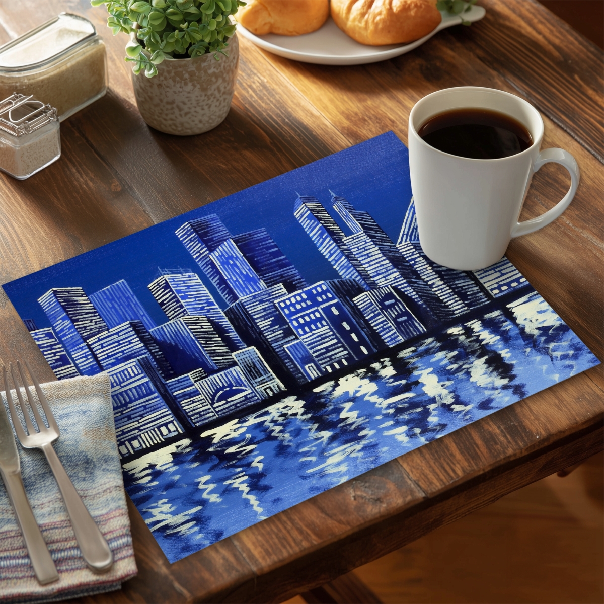 Picture of Begin Home Decor C4PP1418ZZWODJ 14 x 18 in. Blue Skyline Polyester Placemat - Stylish Home Decor Accent - Set of 4