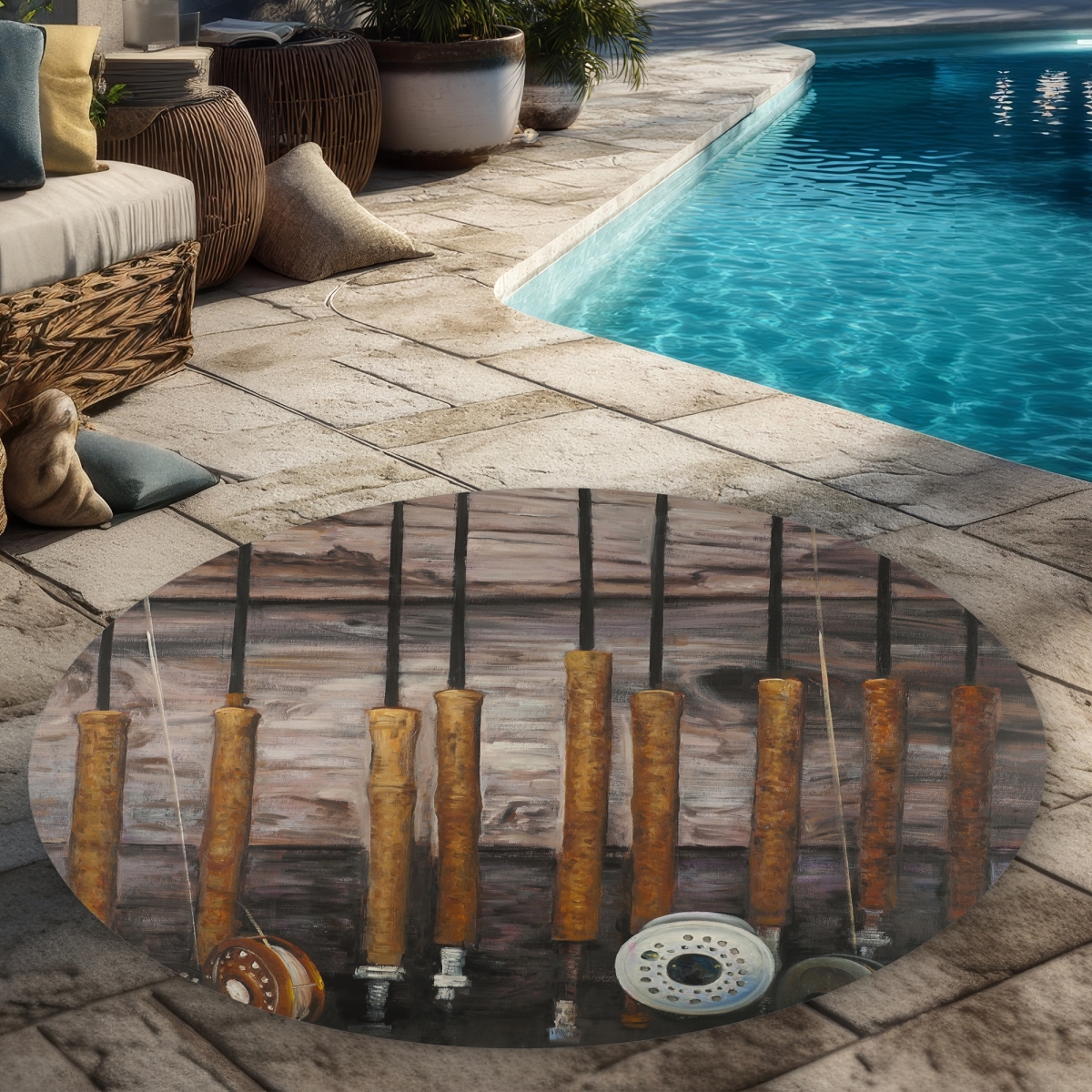 C1COAR55BHMHSO 5 x 5 ft. Fishing Rods on Wood Rug - Man Cave Outdoor Decor Area Rug - Round