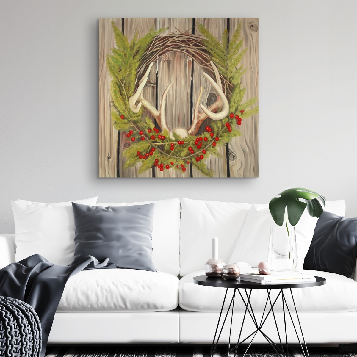 C1RC32325ZW73N 32 x 32 in. Christmas Wreath with Panache - Kitchen Deer Canvas Decor