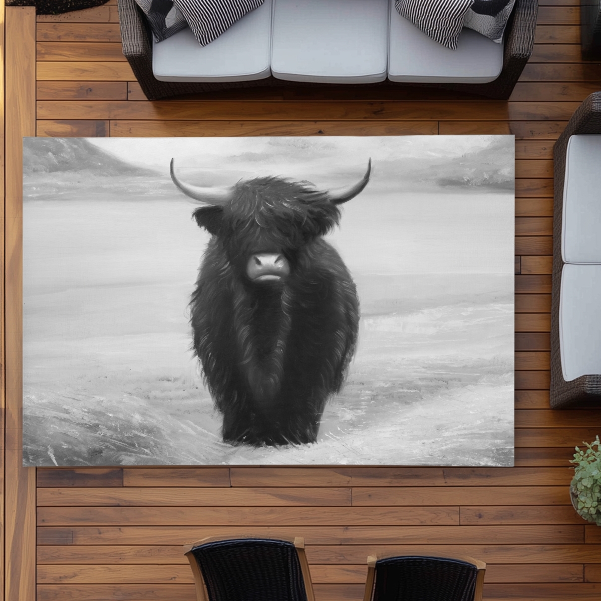 C1ROAR57DFXJWI 5 x 7 ft. Monochrome Highland Cow - Black Animals Outdoor Area Rug - Rectangle