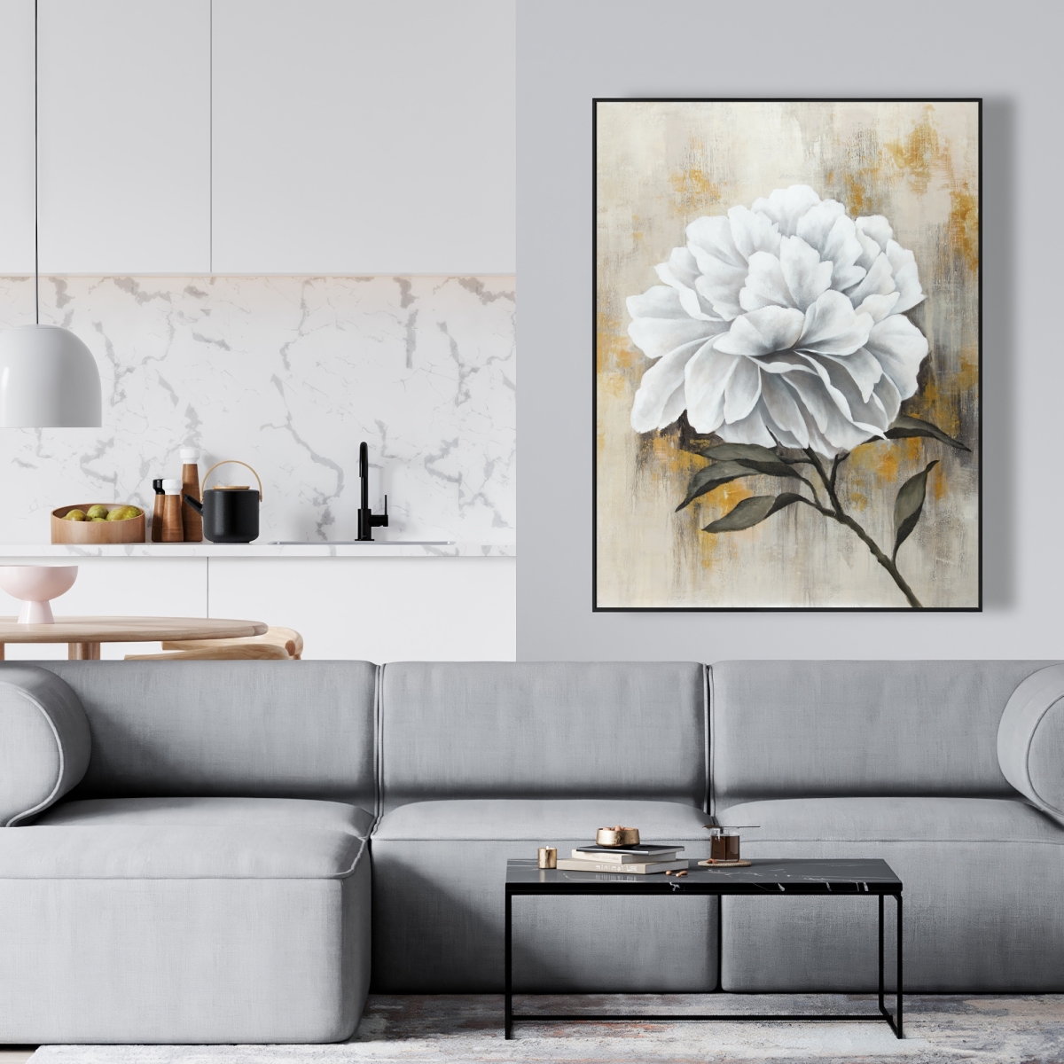 C1FC3648P6RS0C 36 x 48 in. White Peony - Beige Botanical Framed Canvas for Home Decor