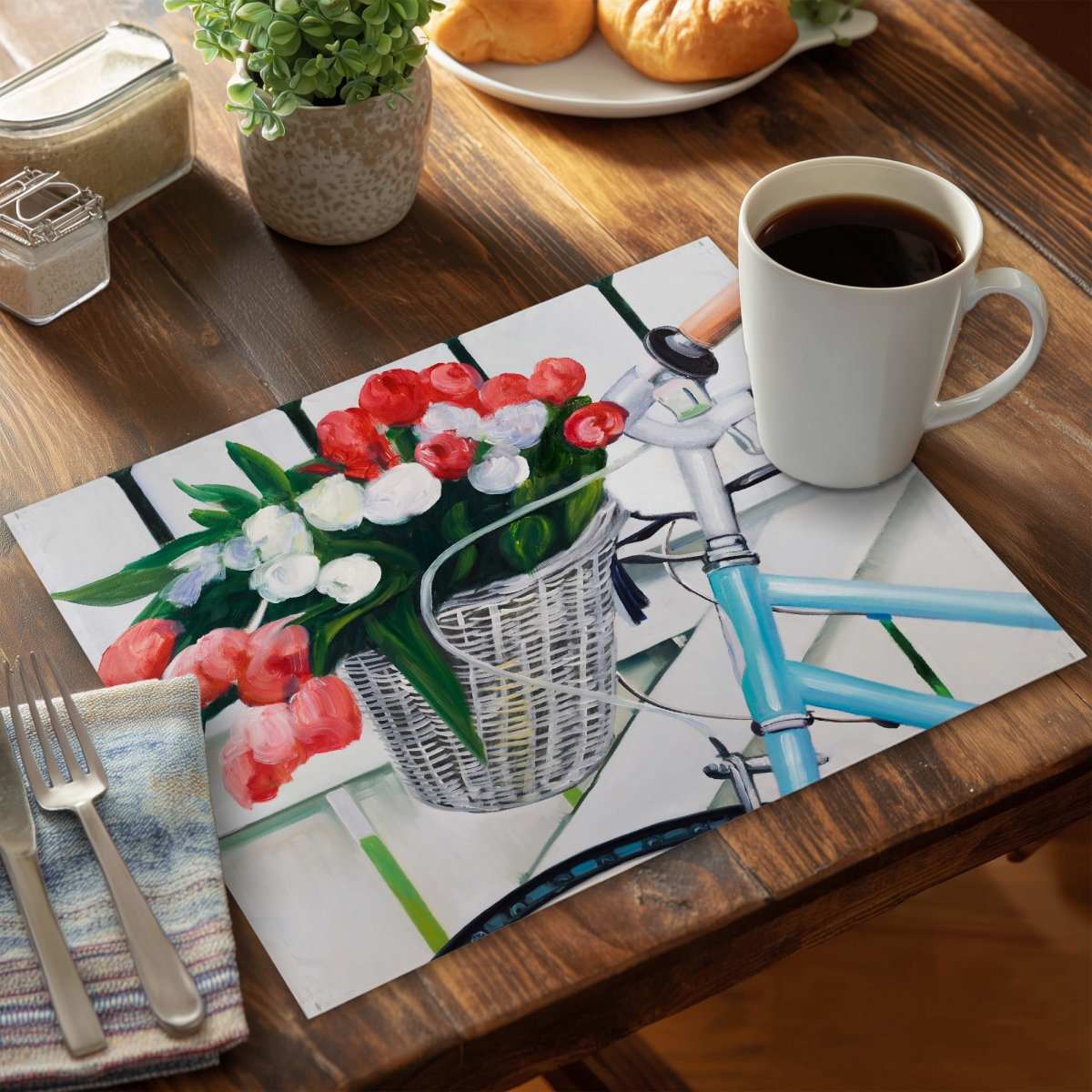 Picture of Begin Home Decor C6PP1418GOT9VJ 14 x 18 in. Bicycle with Tulips Flowers in Basket Polyester Placemat - Home Decor - Set of 6