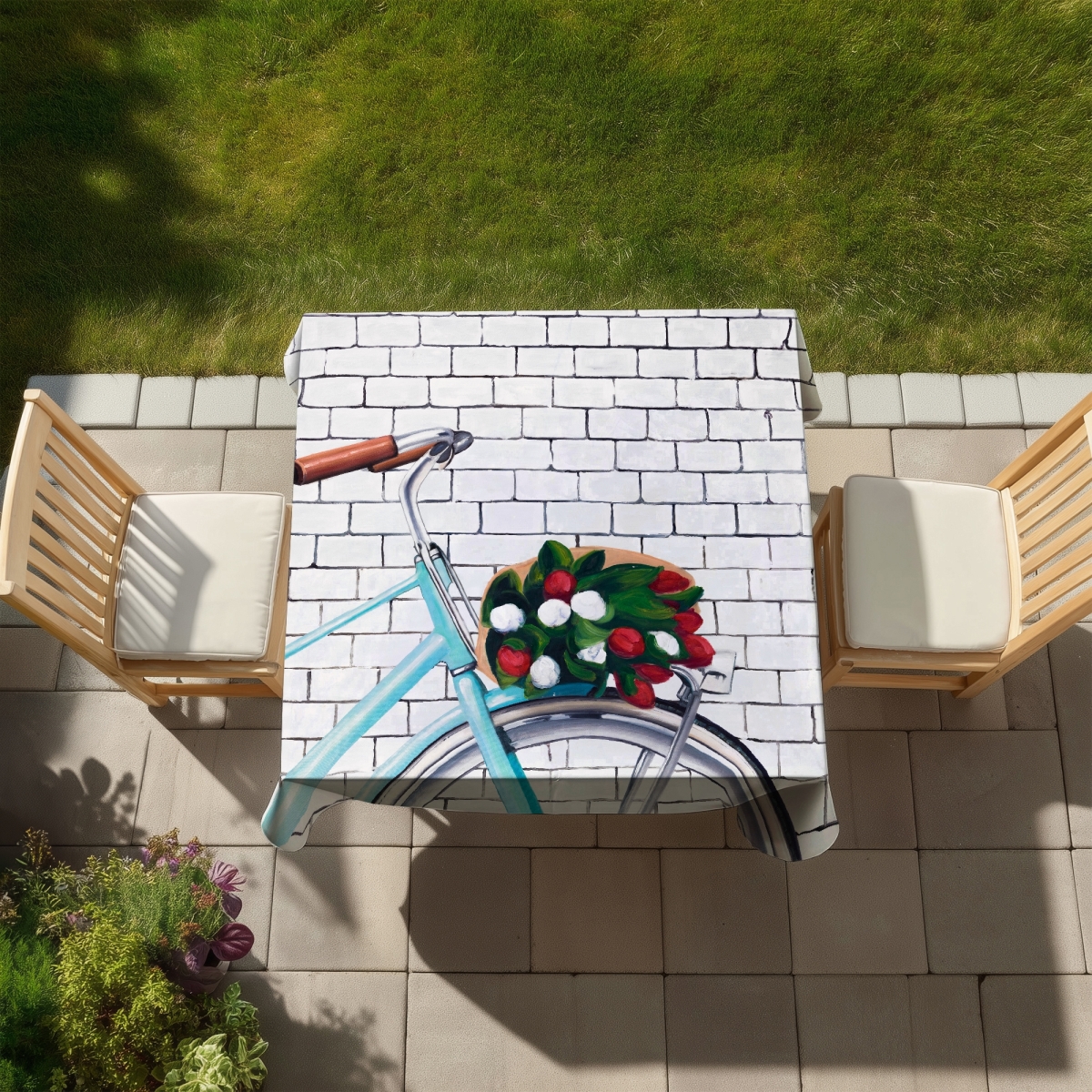 Picture of Begin Home Decor C1TC5858G8Y9C7 58 x 58 in. Bicycle with a Bouquet of Tulips Tablecloth - Indoor Outdoor Decor
